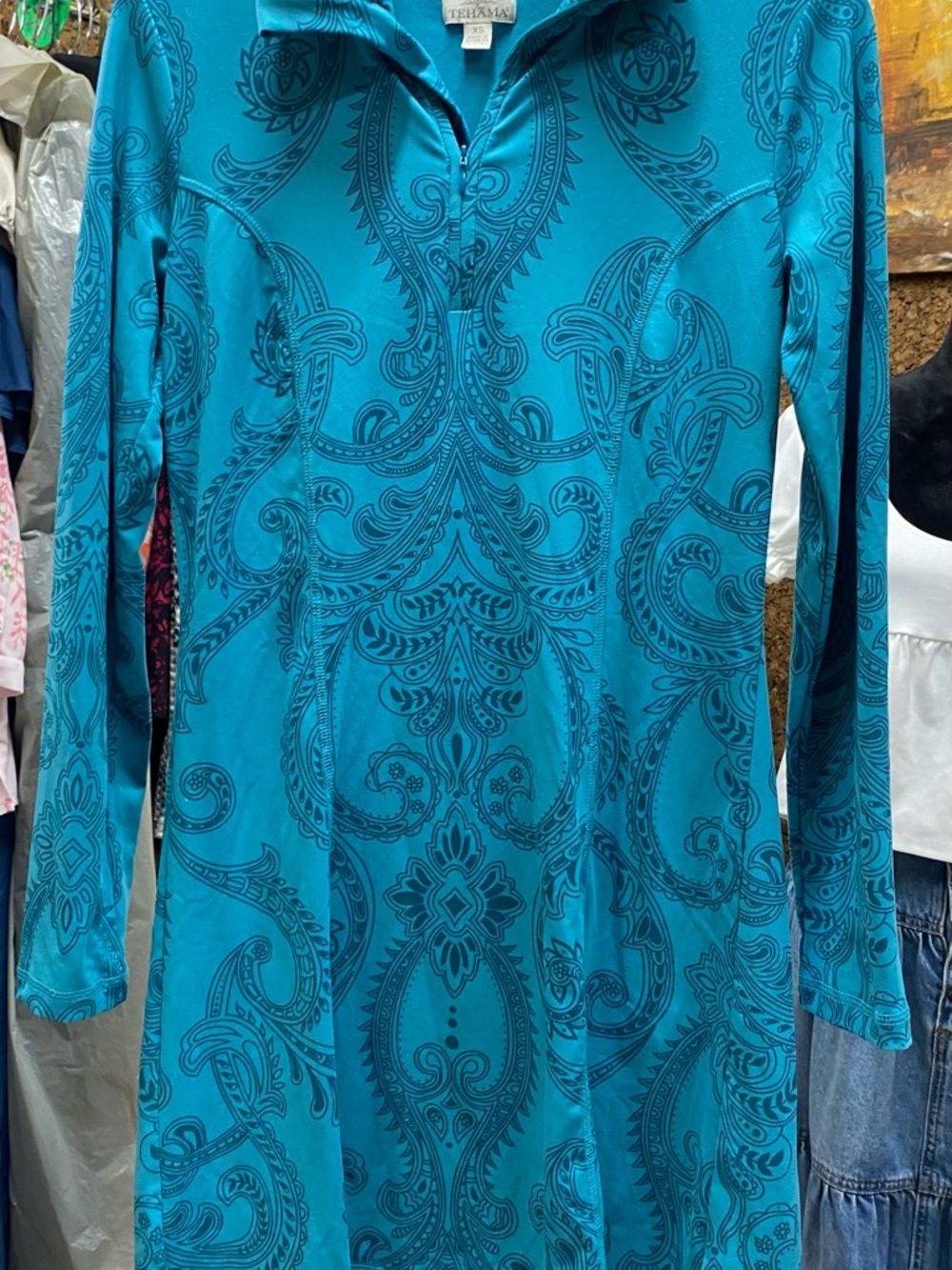 Tehama, Turquoise Paisley Print Long Sleeve Tunic, size XS